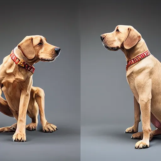 Image similar to a william wegman photograph of two dogs standing on hind legs 4k, hyperrealistic, focused, extreme details, unreal engine 5, cinematic, masterpiece, high resolution, detailed, painting by raqib shaw W- 1080