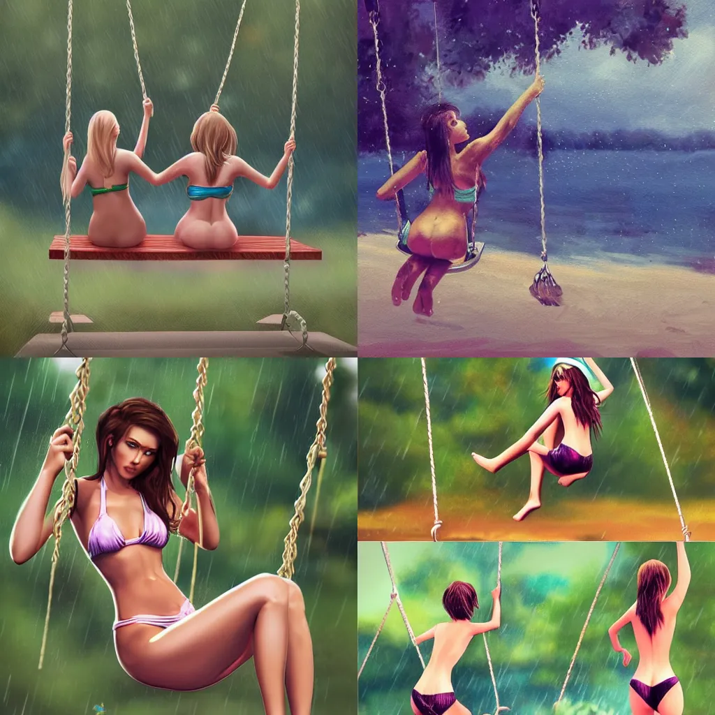 Prompt: girls in bikinis swinging on a swing in the rain, highly detailed, artstation,