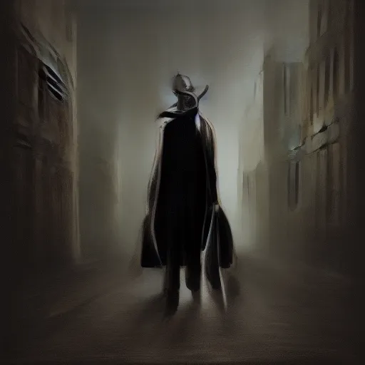 Image similar to a plague doctor walks through a Victorian city, dark atmosphere, detailed, dark Colors