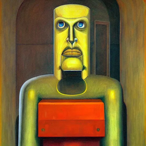 Image similar to brutalist giant sacred robot visage, portrait, cathedral, dystopian, pj crook, edward hopper, oil on canvas