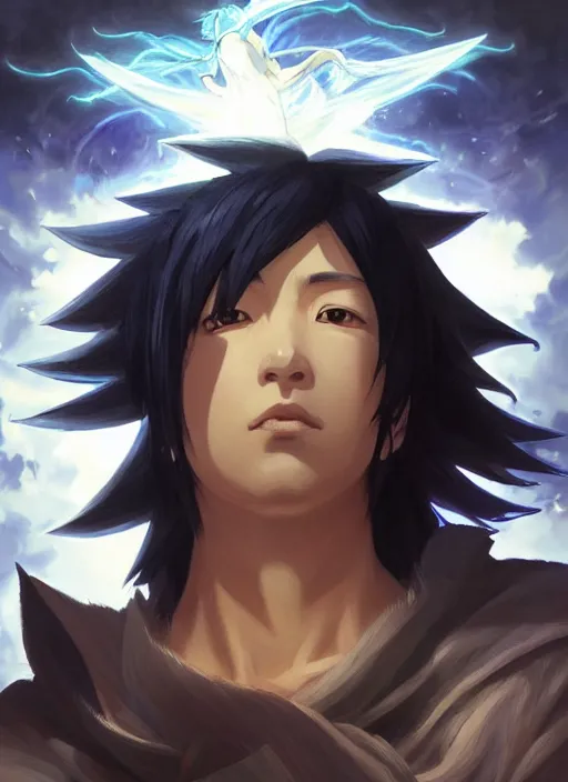 Prompt: close-up of character concept portrait of Sasuke Uchiha conjuring a violent void multiversal chidori, a floating iridescent lightning dragon from God of War in the center, intricate, elegant, digital painting, concept art, smooth, sharp focus, illustration, by WLOP and Ruan Jia and Mandy Jurgens and William-Adolphe Bouguereau, Artgerm