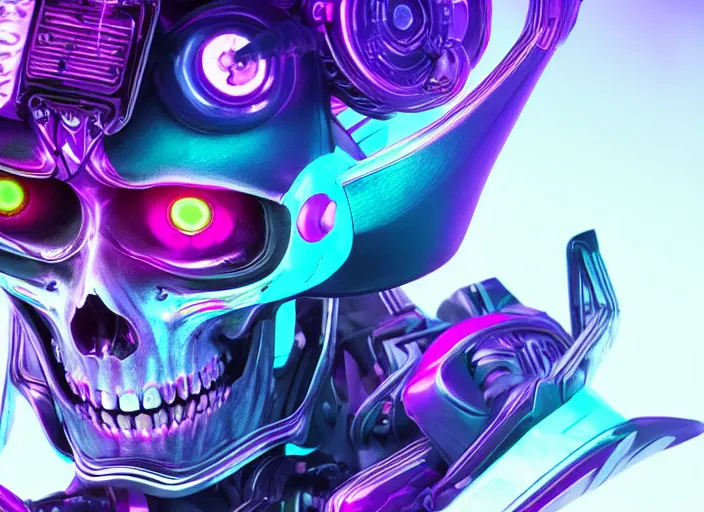 Image similar to a futuristic skull with glowing eyes and a purple background, cyberpunk art by android jones, behance contest winner, computer art, darksynth, synthwave, rendered in cinema 4 d