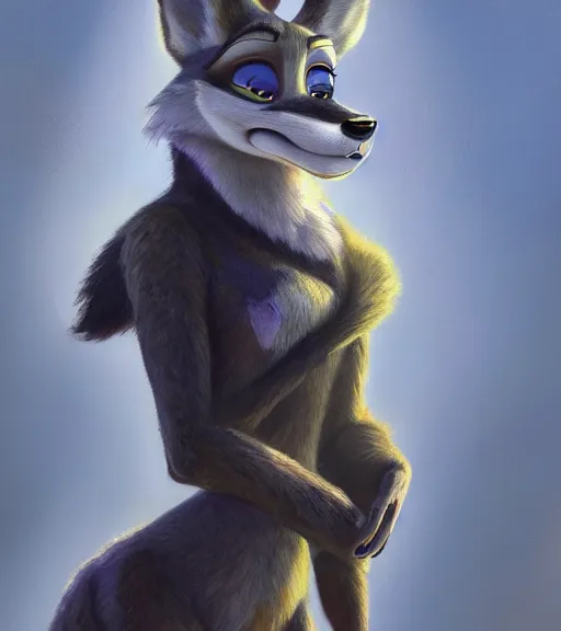 Image similar to oil painting of detailed full body of anthromorphic female wolf, in style of zootopia, zootopia, zootopia, fursona, furry, furaffinity, 4 k, deviantart, furry art, fursona art, wearing black business suit, business suit, in style of zootopia, wolf fursona, cyberpunk, female, expressive detailed feminine face,