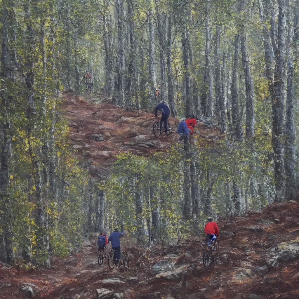 Image similar to Two men biking up a steep forest hill. One with a deep dark blue sweater and the other with a wine red sweater. sweaty. Oil painting. Emotional. Trending on artstation. Steep. Nordic Trees. Rustic. Artistic.