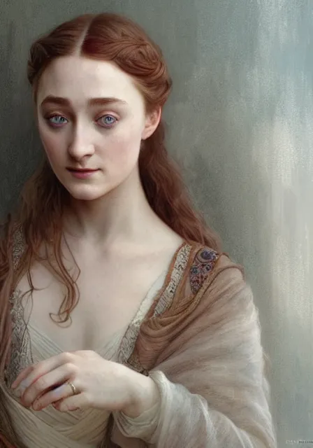 Image similar to sansa saoirse ronan, intricate, elegant, highly detailed, digital painting, artstation, concept art, smooth, sharp focus, illustration, art by artgerm and greg rutkowski and alphonse mucha and william - adolphe bouguereau