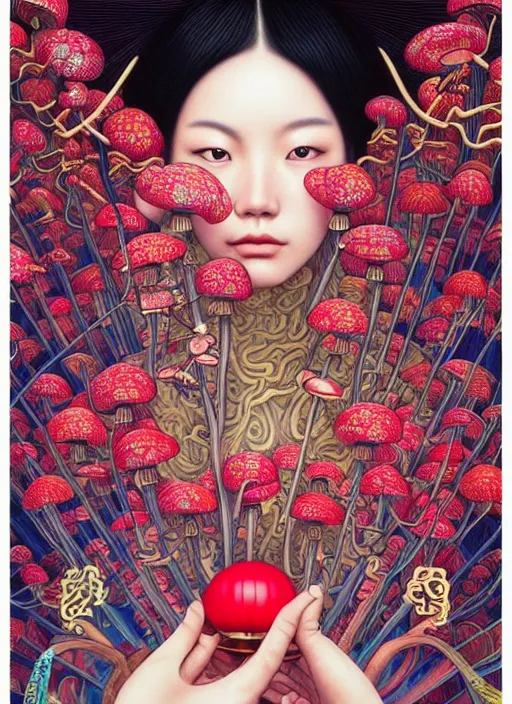 Prompt: pretty chinese model with hallucination mushroom : : by martine johanna and simon stalenhag and chie yoshii and casey weldon and wlop : : ornate, dynamic, particulate, rich colors, intricate, elegant, highly detailed, vogue, harper's bazaar art, fashion magazine, smooth, sharp focus,