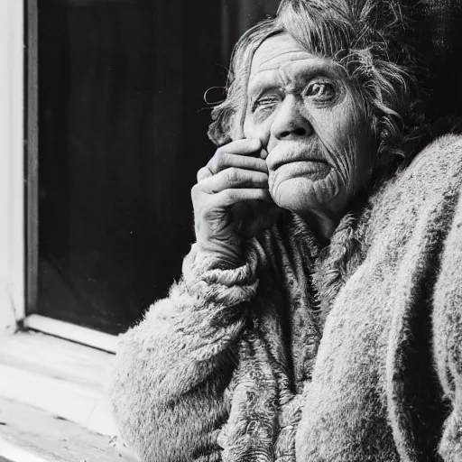 Image similar to black and white press photograph, highly detailed portrait of a depressed old lady drug dealer sitting by the window, detailed face looking into camera, eye contact, natural light, mist, fashion photography, film grain, soft vignette, sigma 85mm f/1.4 1/10 sec shutter, Darren Aronofsky film still promotional image, IMAX 70mm footage