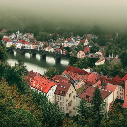 Prompt: old czech city Decin green and red tones, by Aron Wiesenfeld and beksincki, cinematic, detailed illustration, nature, fog, dark colors, suspense, intricate, 8k