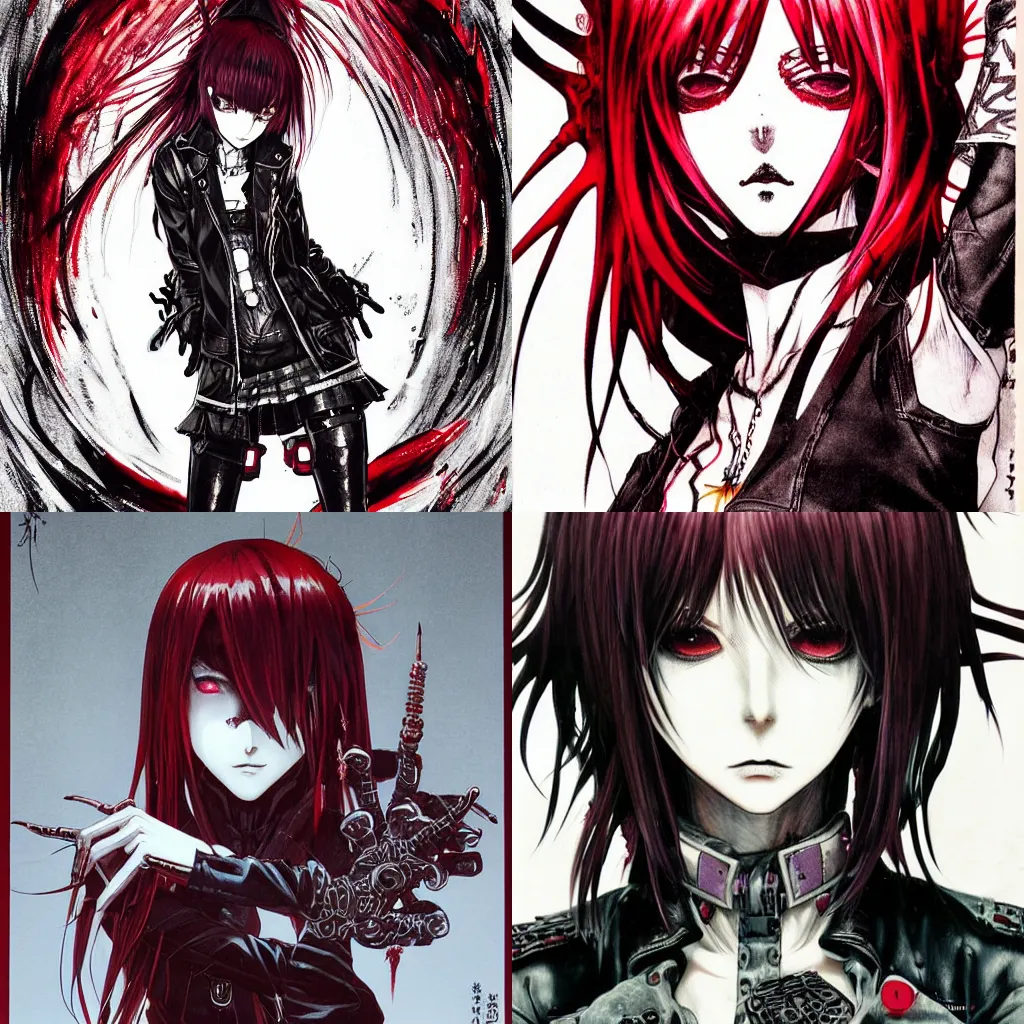Prompt: highly detailed coherent professional late 2 0 0 0 s seinen manga cover art of badass goth woman with red hair, red eyes, leather clothes, black makeup. chunibyo. horror cyberpunk action manga cover promotional art. detailed and intricate environment. pencils by ilya kuvshinov and painted by zdzislaw beksinski, inked by tsutomu nihei