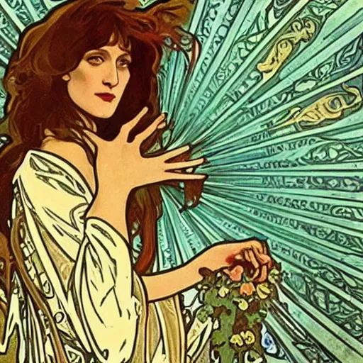 Image similar to florence and the machine and the soul of alphonse mucha