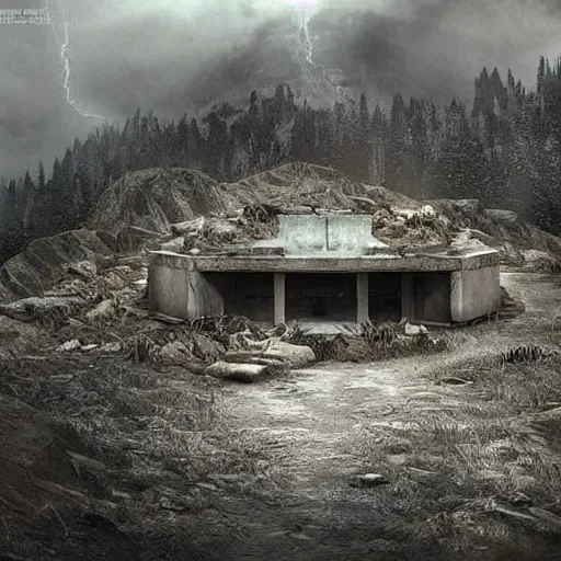 Prompt: a bunker on a mountain, mysterious photo, sinister, horror, trending on artstation, hdr