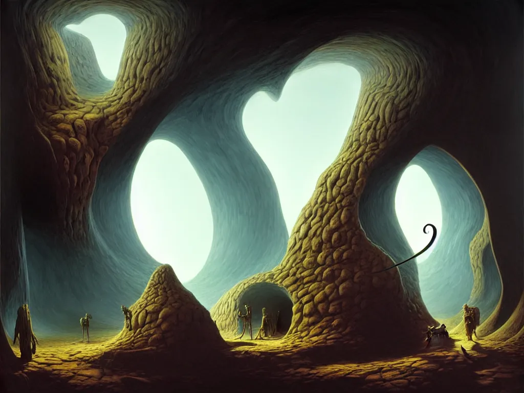 Image similar to a big mouth turns into a cave with strange bearded beings with scythes, 4 k, art by jaroslaw jasnikowski