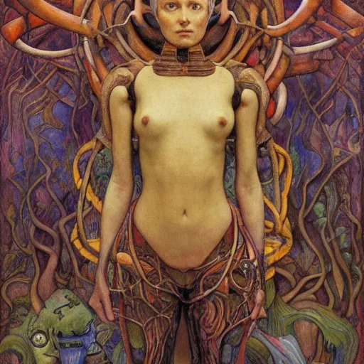 Image similar to robot seizes the forest crown, by Annie Swynnerton and Diego Rivera and Elihu Vedder, symbolist, dramatic lighting, elaborate geometric ornament, tattoos, Art Brut, soft cool colors,smooth, sharp focus, extremely detailed, Adolf Wölfli and Donato Giancola