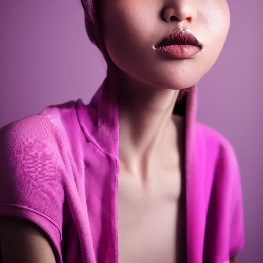 Image similar to photo of slim girl, 2 0 yo, close - up, high detail, studio, smoke, sharp, pink violet light, studio, 8 5 mm sigma art lens