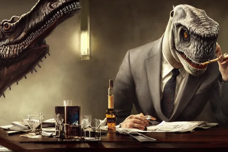 Image similar to portrait painting of a tyranosaurus rex wearing a tie and drinking a martini, ultra realistic, concept art, intricate details, serious, highly detailed, photorealistic, octane render, 8 k, unreal engine. art by artgerm and greg rutkowski and alphonse mucha