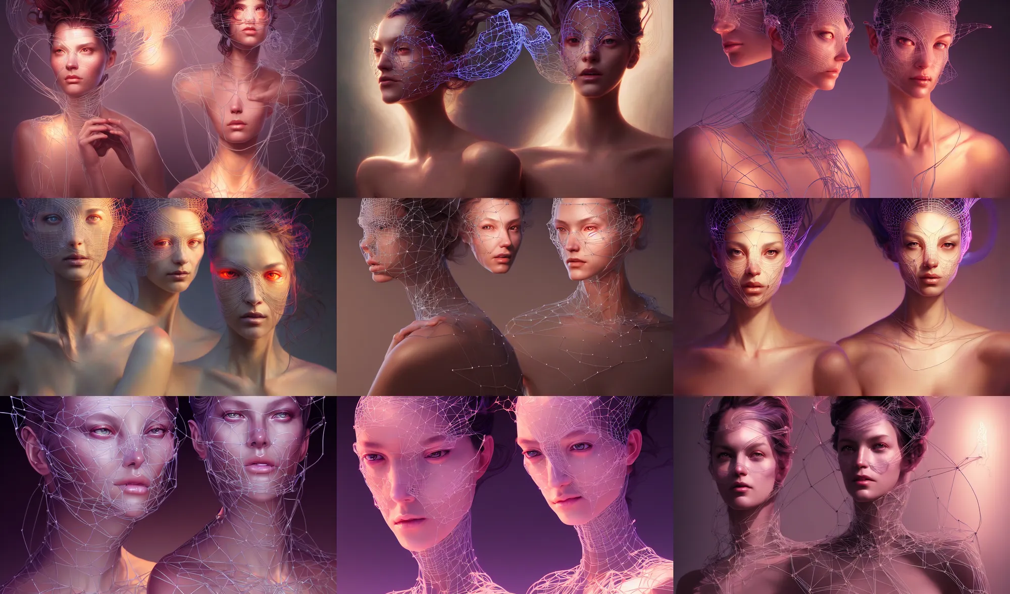 Prompt: beautiful young woman portrait, high poly 3 d glowing wireframe models, ultra realistic, dramatic lighting, intricate details, holographic artifacts, highly detailed by peter mohrbacher, boris vallejo, hajime sorayama, wayne barlowe, paolo eleuteri serpieri