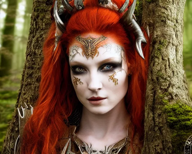 Image similar to 5 5 mm portrait photo of an armored gorgeous anesthetic redhead woman warrior with a face tattoo and horns growing from her head, in a magical forest. by luis royo and stephan kostic. highly detailed 8 k. intricate. lifelike. soft light. nikon d 8 5 0. cinematic post - processing