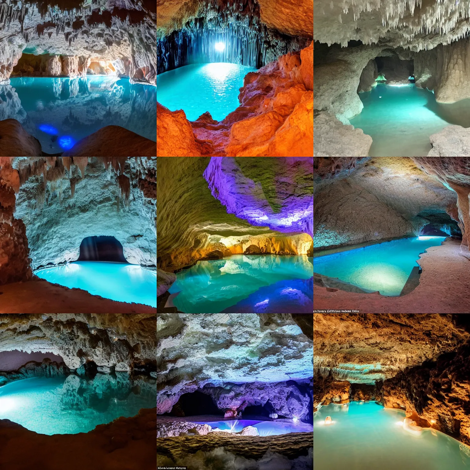 Prompt: an extremely large cave, brightly lit, filled with quartz crystal formations, pools of water