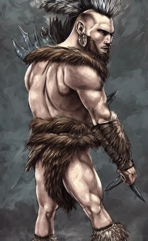 Image similar to muscular barbarian with a mohawk hairstyle, fantasy art