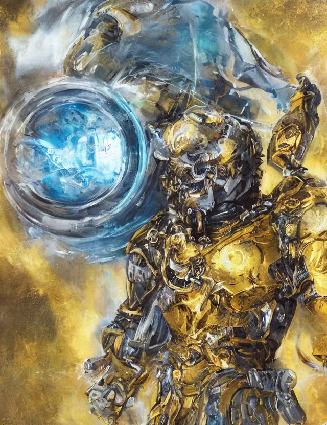 Prompt: full body, attack position abstract painting in lush fantasy environment of a ornate holy mechanical warforged with circular glowing eye, disc head disc head disc head disc head disc head disc head disc head, character in yellow armor holding a legendary paladin engraved holy great longsword and carrying a huge heavy paladin shield, face in focus, epic , trending on ArtStation, masterpiece, cinematic lighting, by Ross Tran, by Delphin Enjolras, by Ruan Jia, by Greg Rutkowski