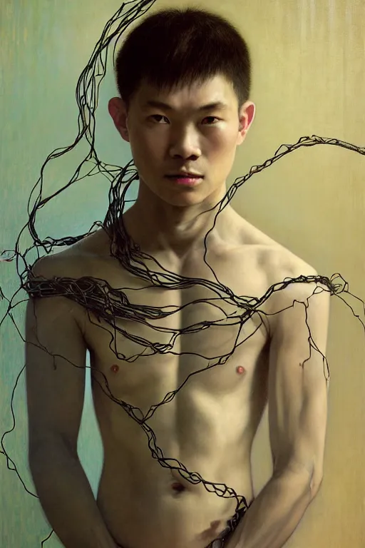 Image similar to hyperrealist portrait of elijah zu bailey, it is decorated with long wires that fall like vines and wears small computers over their body. by jeremy mann and alphonse mucha, fantasy art, photo realistic, dynamic lighting, artstation, poster, volumetric lighting, very detailed faces, 4 k, award winning, hands on hip