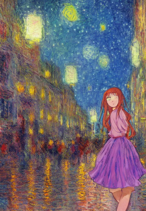 Image similar to wide angle anime portrait of a teenage girl, a thrifty outfit, very anime in impressionist style, city street view background, starlit night sky, trending artwork, anime painter studio, by claude monet