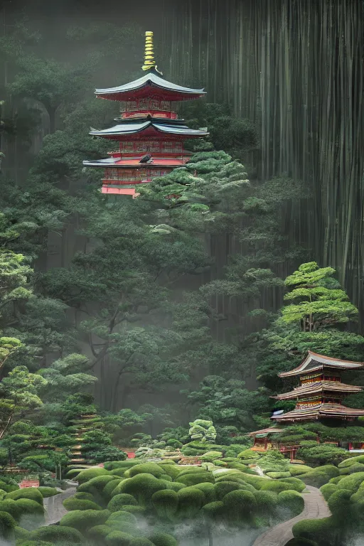 Prompt: Japanese Buddhist temple in the middle of a forest of bonsai and bamboo, powerfull, intricate, elegant, volumetric lighting, digital painting, highly detailed, artstation, sharp focus, illustration, concept art, ruan jia, steve mccurry