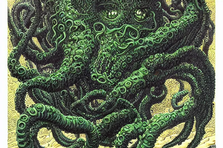 Prompt: lovecraftian eldritch monster made of limes by gerald brom. 8 k intricate details hypermaximalist 2 d
