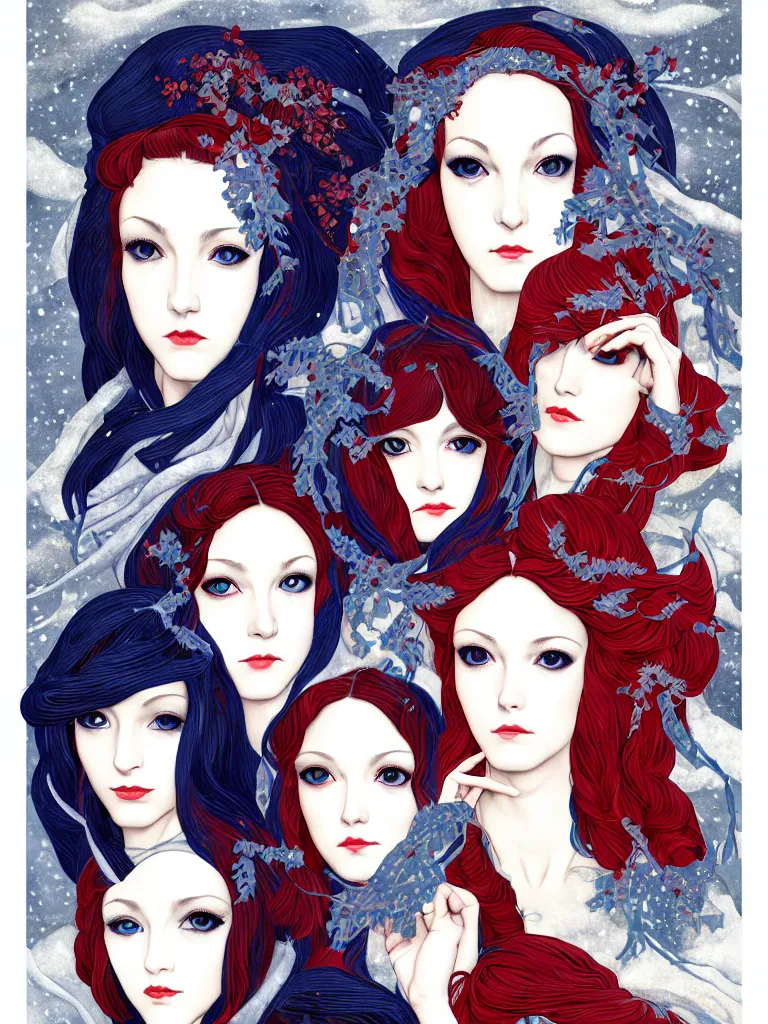 Image similar to triad of winter muses as december, january, and february, style mix of æon flux, shepard fairey, botticelli, ivan bilibin, john singer sargent, pre - raphaelite, shoujo manga, harajuku fashion, dormant nature, snow, ice, stark colors, superfine inking, ethereal, 4 k photorealistic, arnold render