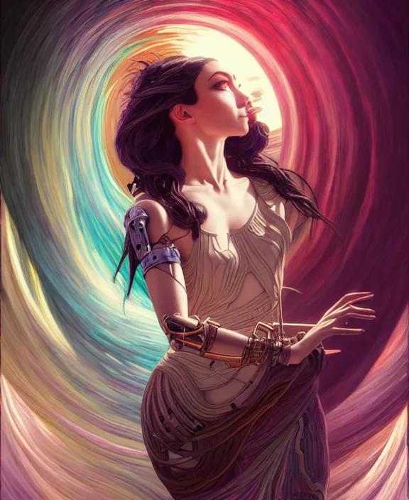 Image similar to a whirlwind of souls rushing inside the metaverse, half body, jewelry, fashionable haircut, pharaoh, android, cyborg, cyberpunk face, by loish, d & d, fantasy, intricate, elegant, highly detailed, colorful, vivid color, digital painting, artstation, concept art, art by artgerm and greg rutkowski and alphonse mucha