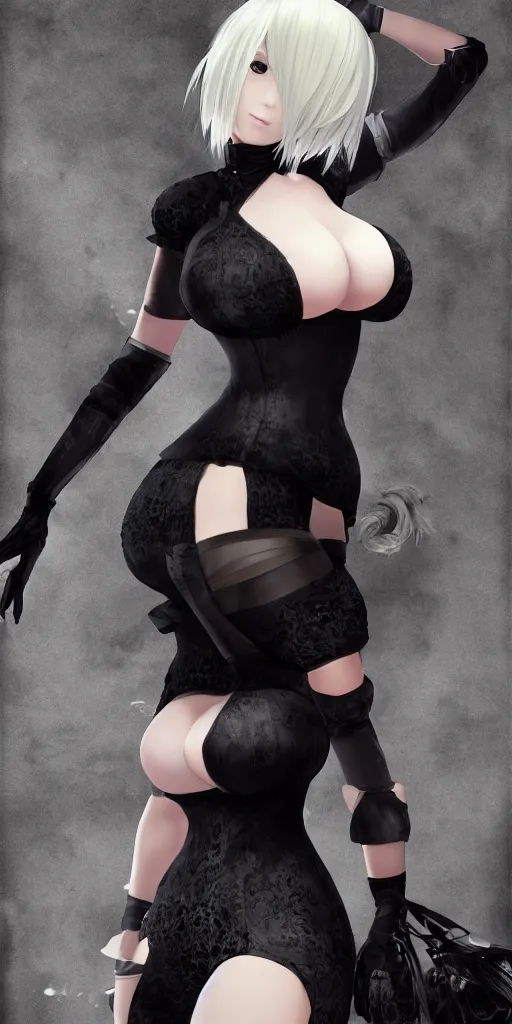 Image similar to 2b Nier Automata, Black lace clothing, blonde hair, attractive woman