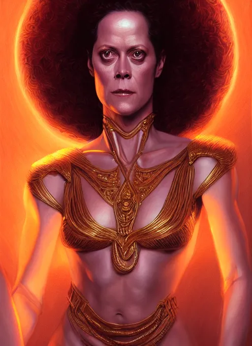 Image similar to portrait of young sigourney weaver as dejah thoris, intricate, elegant, glowing lights, highly detailed, digital painting, artstation, glamor pose, concept art, smooth, sharp focus, illustration, art by artgerm and greg rutkowski, artey freytag