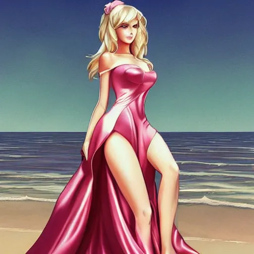 Prompt: beautiful princess in a satin dress on the beach drawn by artgerm