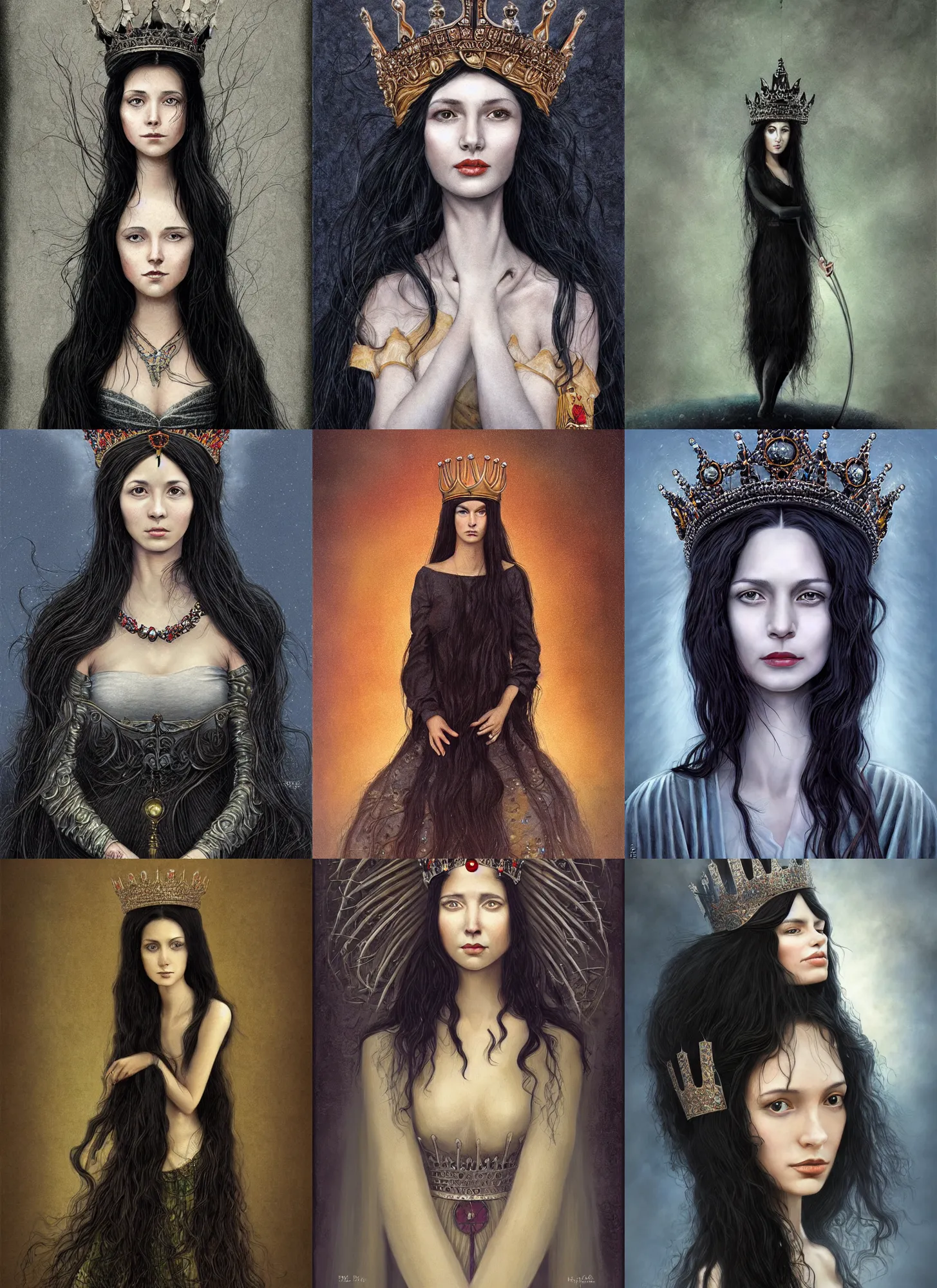 Prompt: A portrait of long black haired women with crown, in style of Andrew Ferez