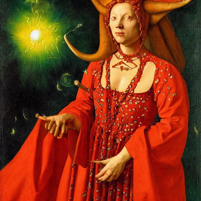 Image similar to a closeup portrait of a horned woman, opening her chest, casting green into a flame, in a heart nebula, heart nebula, golden hour, by jan van eyck