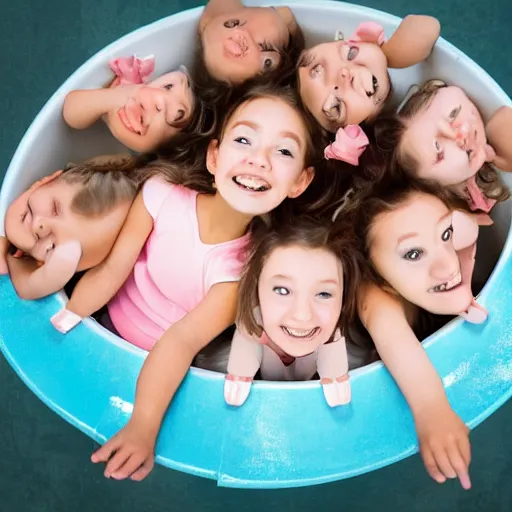 Prompt: group of tiny girls dancing around the rim of a toilet bowl. Perspective photograph