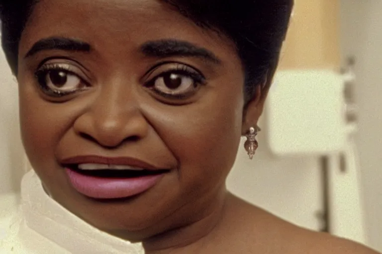 Image similar to screenshot of close up of octavia spencer removes a small hearing device with tweezers from her left ear, iconic scene from the paranoid sci fi thriller film directed by stanley kubrick, apartment set in the near future, cinematic shot with anamorphic lenses, color theory, apartment design, leading lines, photorealistic, volumetric lighting