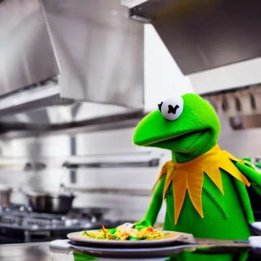 Prompt: Kermit the frog as the chef in a high end restaurant kitchen expensive gourmet fancy Michelin photo 4k journalism