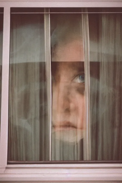 Image similar to kodak portra 4 0 0 photograph of a person looking out through their window, eyes, beautiful eyes, stunning eyes, close up, telephoto, faded effect, grain,