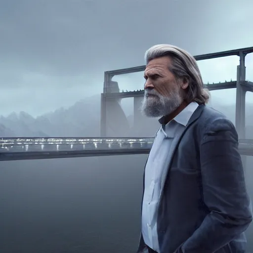 Prompt: hyperrealistic dslr film still of jeff bridges on a bridge, stunning 8 k octane comprehensive 3 d render, inspired by istvan sandorfi & greg rutkowski & unreal engine, perfect symmetry, dim volumetric cinematic lighting, extremely hyper - detailed, incredibly real lifelike attributes & texture, intricate, masterpiece, artstation, 8 k 8 5 mm f 1. 4