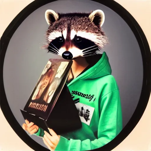 Prompt: medium shot, photo of a girl in a detailed hyperrealistic raccoon mask, wearing a green hoodie, holding a vinyl record, 8 0 - s fashion, polaroid photo, by warhol,