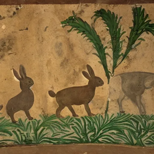 Prompt: an ancient roman mural of rabbits eating grass