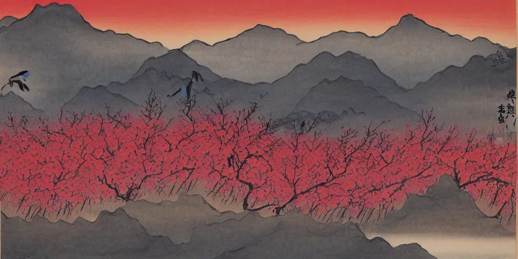 Prompt: jappanese ink painting of a blooming cherry blossom forest with mountains in the background and a deep red sun, colorful, detailed