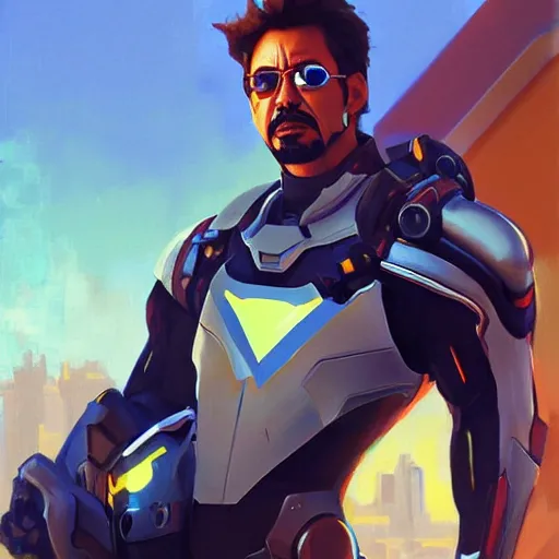 Image similar to greg manchess portrait painting of tony stark as overwatch character, totally whack, medium shot, asymmetrical, profile picture, organic painting, sunny day, matte painting, bold shapes, hard edges, street art, trending on artstation, by huang guangjian and gil elvgren and sachin teng