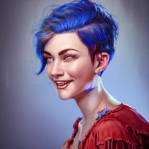 Image similar to an insanely detailed portrait of a smiling beautiful barmaid with short blue hair working at a rustic saloon, wearing red dress, highly detailed features, sparkling blue eyes, long eyelashes, in the style of peter mohrbacher, artgerm, dramatic lighting and composition, octane render, trending on artstation, concept art 8 k