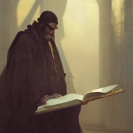 Image similar to half portait of monk wearing a closed cowl and big old book! chained to the wrist, jeremy mann, jean - leon gerome, tiepolo, alphonse mucha, greg rutkowski, face in the shadows, ( ( ruins of ancient rome ) ), at dusk, mysterious atmosphere, sunrays, dof, high detailed, 8 k