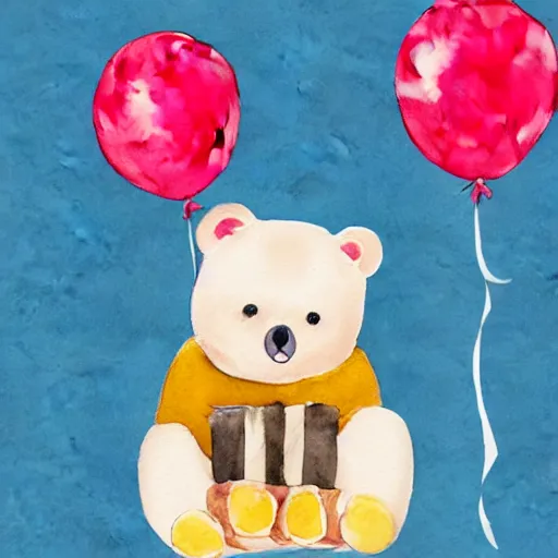 Prompt: watercolor cute animated bear holding birthday balloons