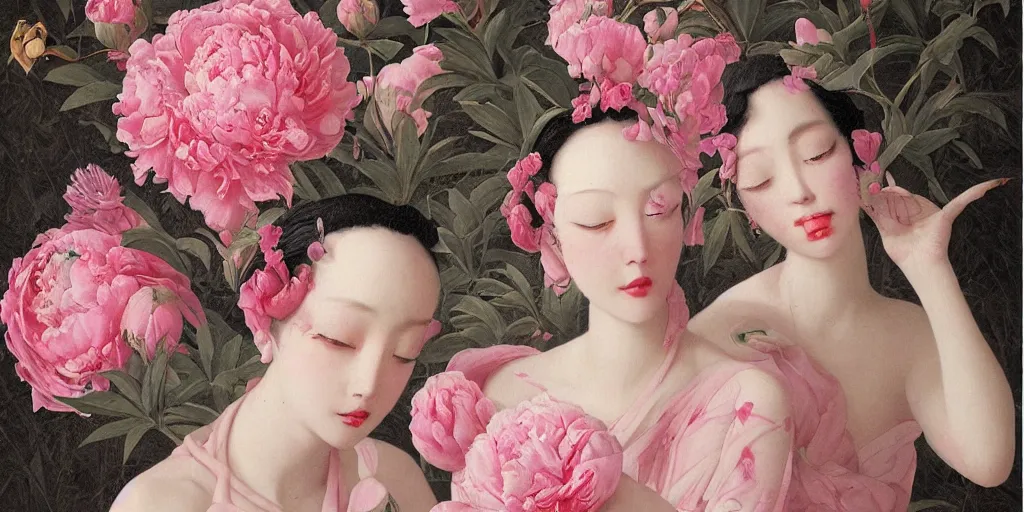 Image similar to breathtaking detailed concept art deco painting blend of pink short hair goddesses of peonies by hsiao - ron cheng with anxious piercing eyes, vintage illustration pattern with bizarre compositions blend of flowers and fruits and birds by beto val and john james audubon, exquisite detail, extremely moody lighting, 8 k