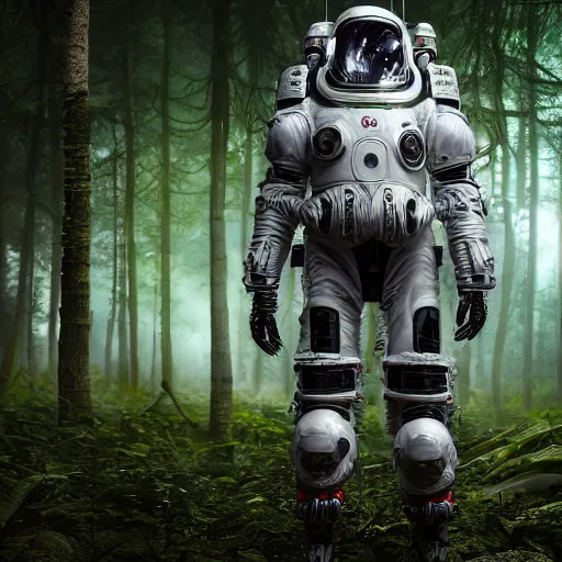 Image similar to portrait photography of a white diesel punk futuristic space suit armor, in an alien forest planet, ultra detail, high detail, 8 k, octane render, in the style of jim burns and gregrutkowski