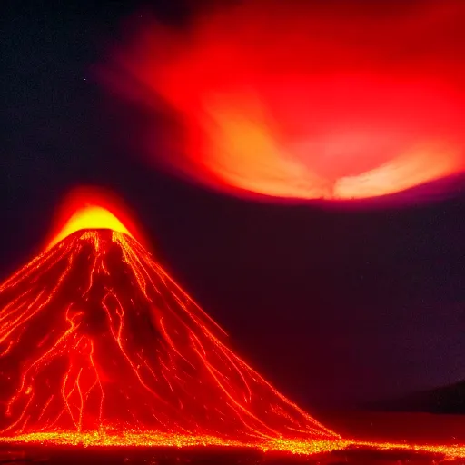 Image similar to erupting volcano surrounded by a sea of red glowing in the night